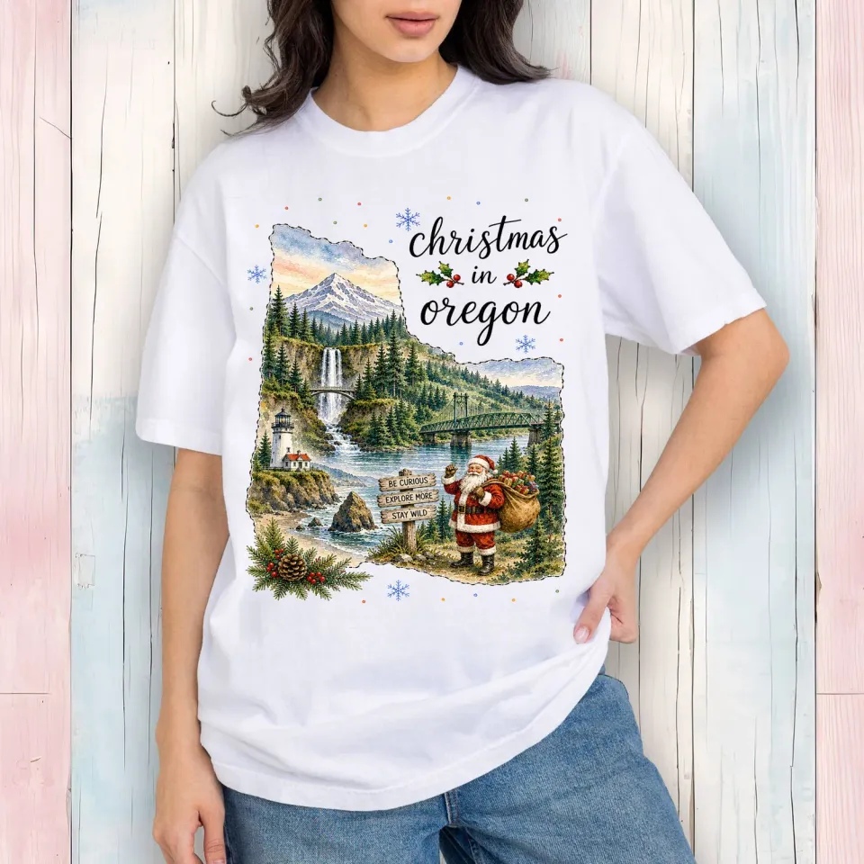 Avery Lane Gifts State Map Christmas Oregon t-shirt hvid 100% bomuld