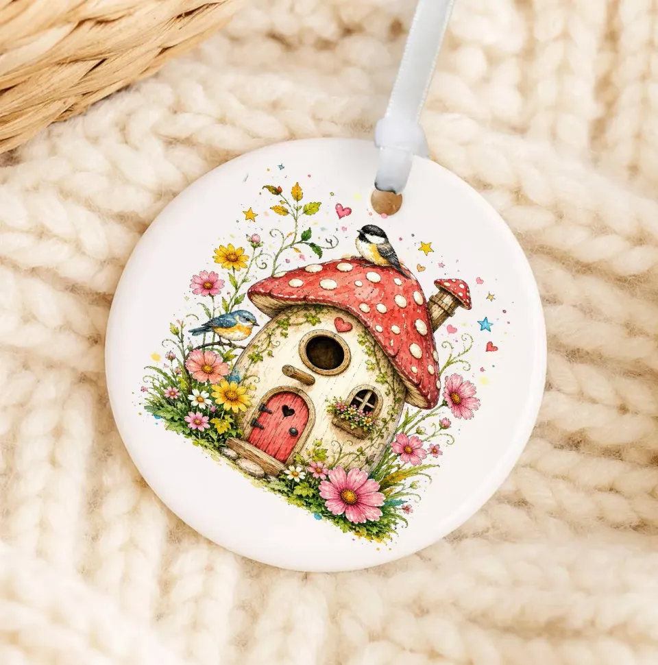 Avery Lane Gifts Mushroom Birdhouse Flowers ornament porcelæn