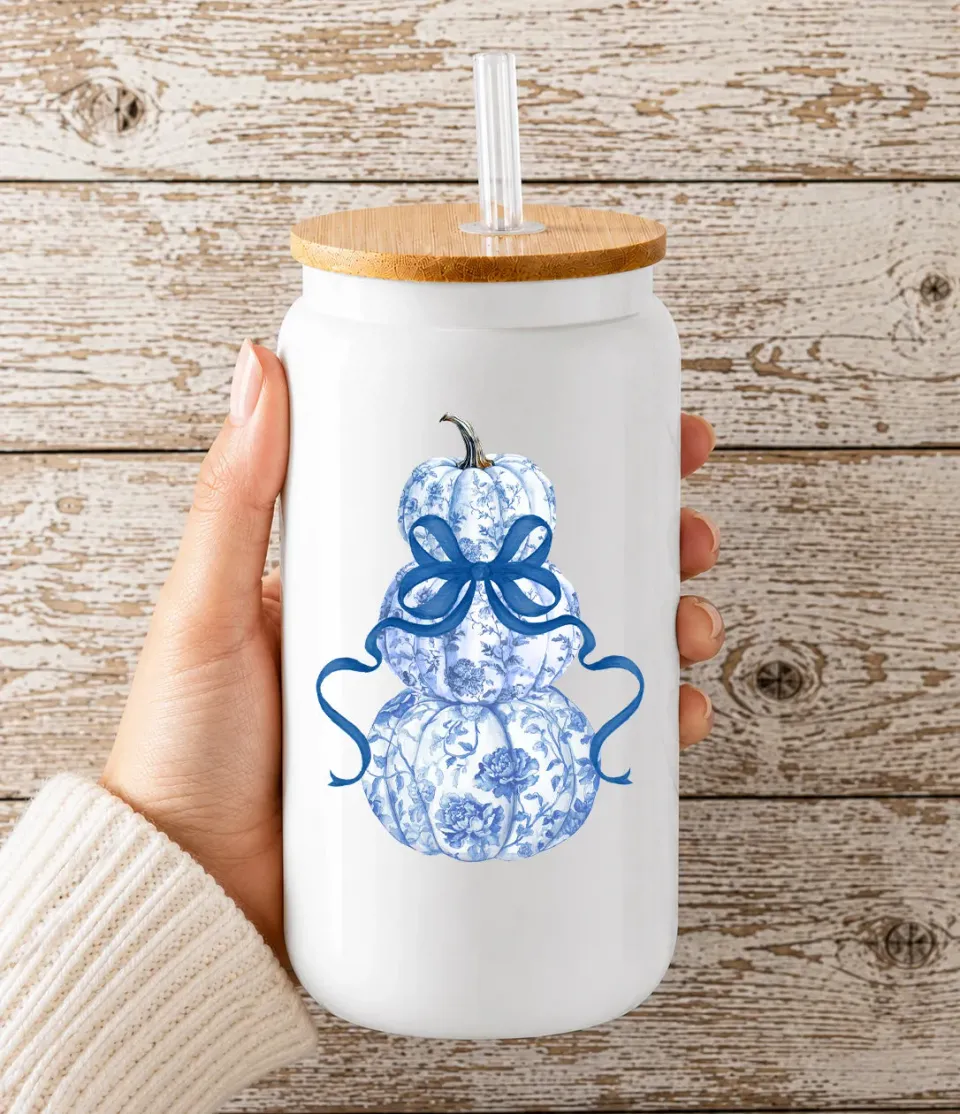 Avery Lane Gifts Blue Pumpkins drikkeglas hvidt 473 ml bambuslåg