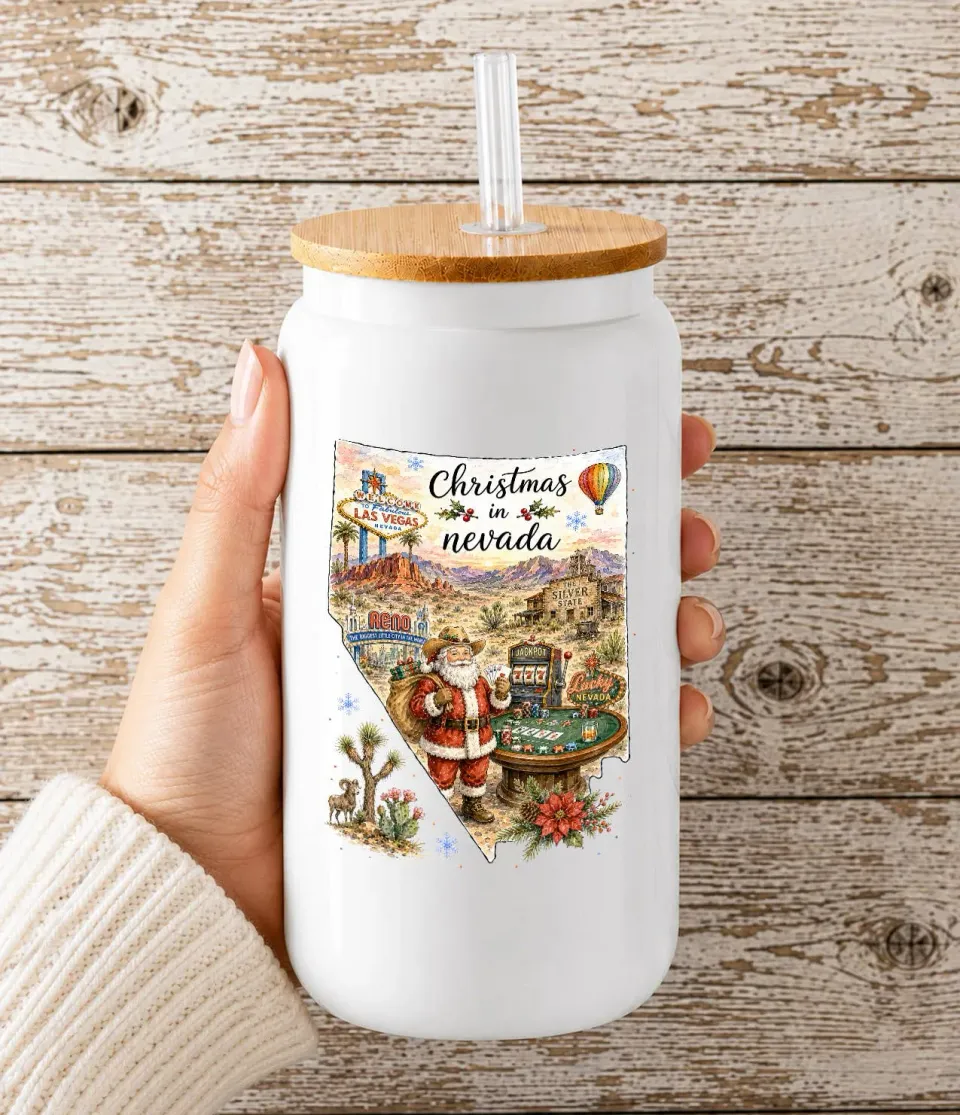 Avery Lane Gifts Christmas in Nevada drikkeglas 16 oz med bambuslåg