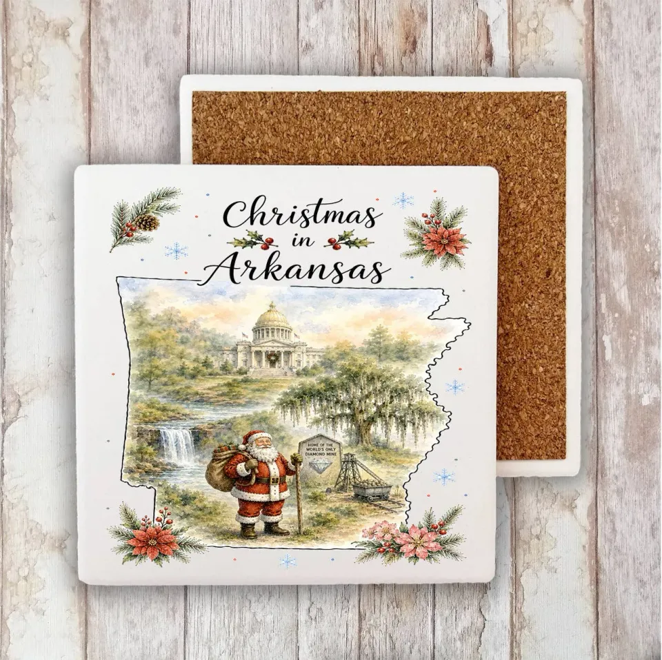 Avery Lane Gifts Christmas in Arkansas State Map coaster sten