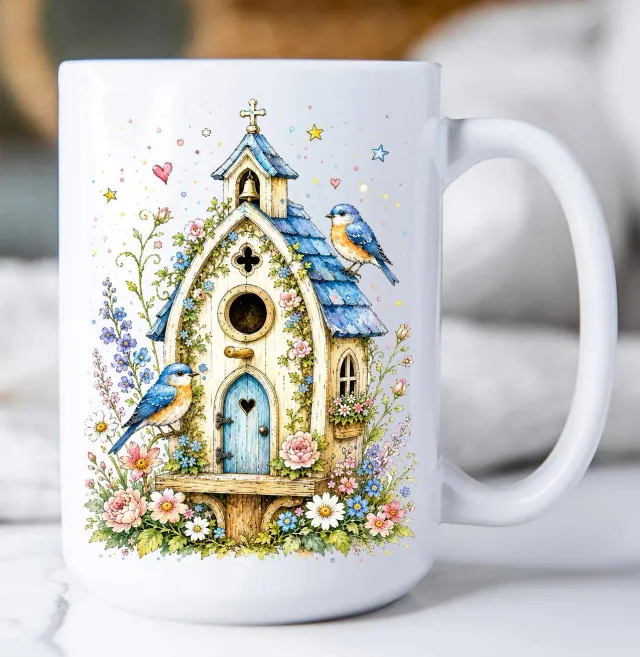 Avery Lane Gifts Watercolor Birdhouse krus blå 444 ml keramik