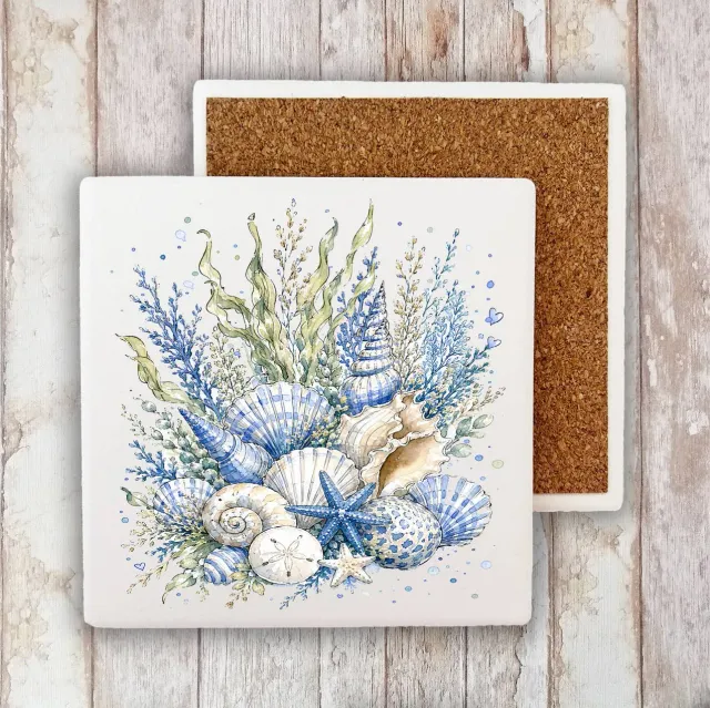 Avery Lane Gifts Coastal Blue Sea Shells Bouquet coaster hvid sten