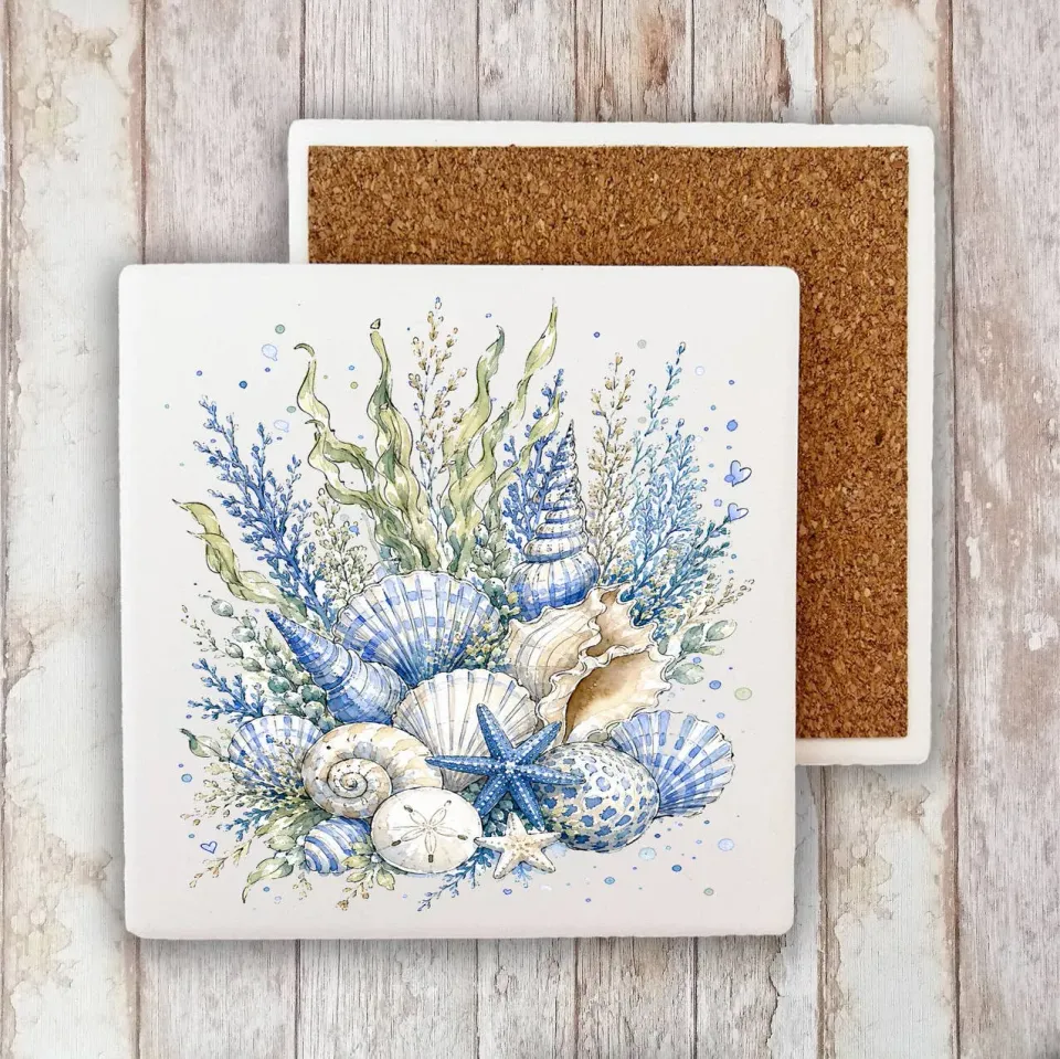 Avery Lane Gifts Coastal Blue Sea Shells Bouquet coaster hvid sten