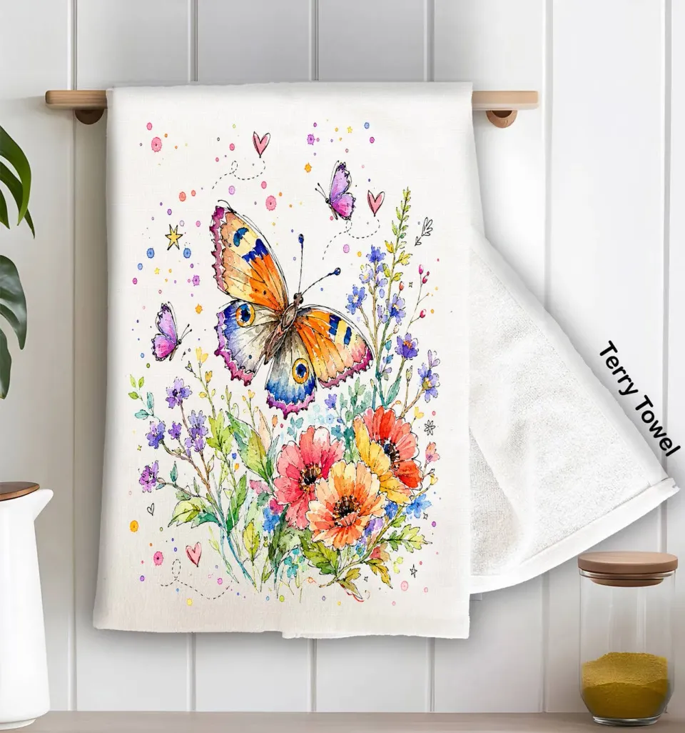 Avery Lane Gifts Whimsical Butterflies Flowers frottéhåndklæde