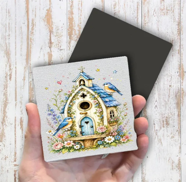 Avery Lane Gifts Watercolor Birdhouse Blue Flowers køleskabsmagnet 10x10 cm