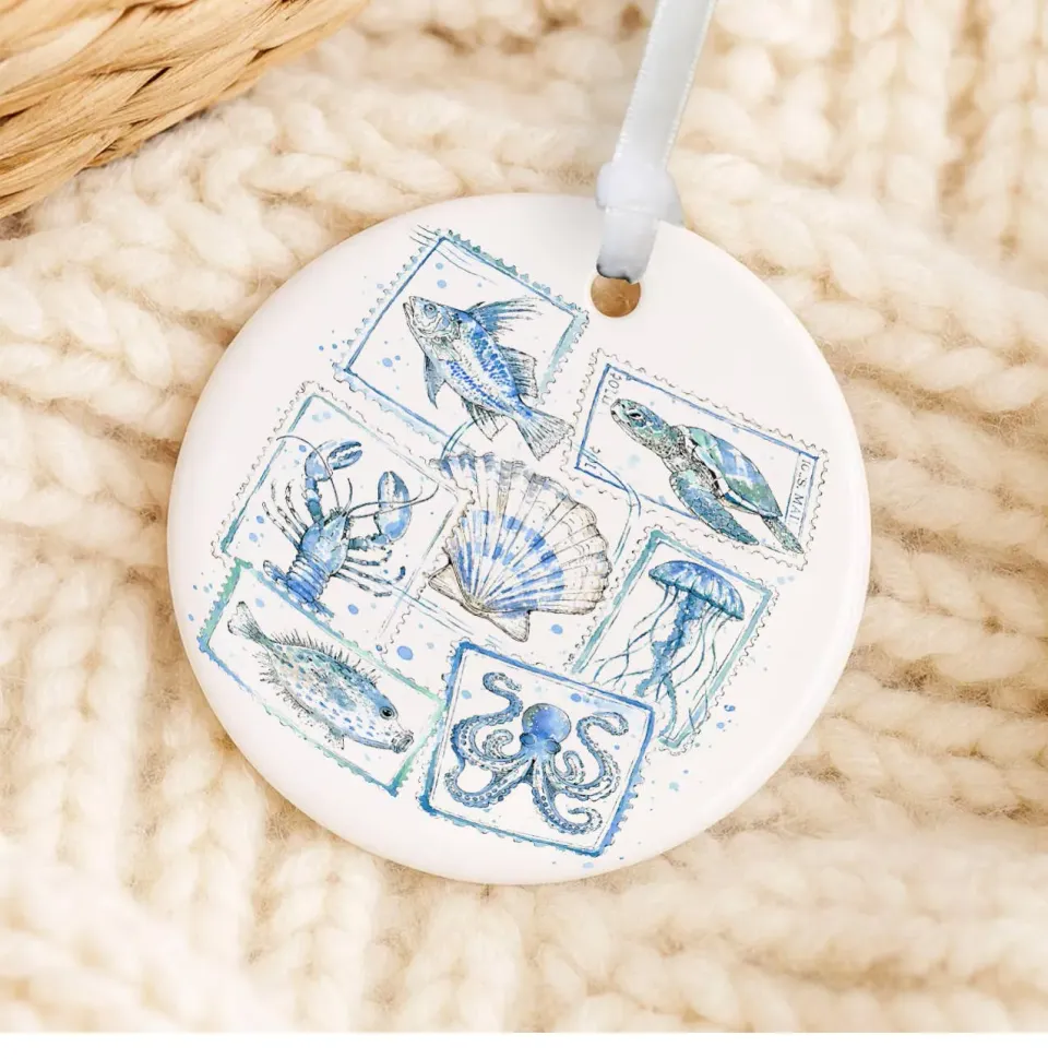 Avery Lane Gifts Coastal Blue Ocean Stamps julepynt porcelæn