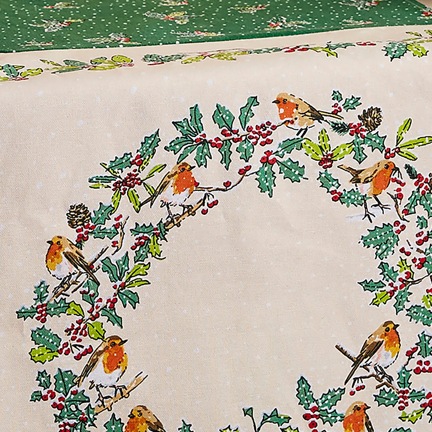 Ulster Weavers Christmas Robins bordløber grøn bomuld jul