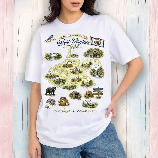 Avery Lane Gifts West Virginia State Map T-shirt hvid M bomuld