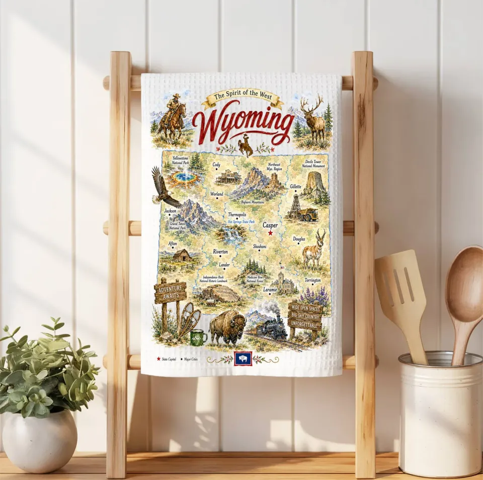 Avery Lane Gifts Wyoming State Map mikrofiberklud vaffelvævet
