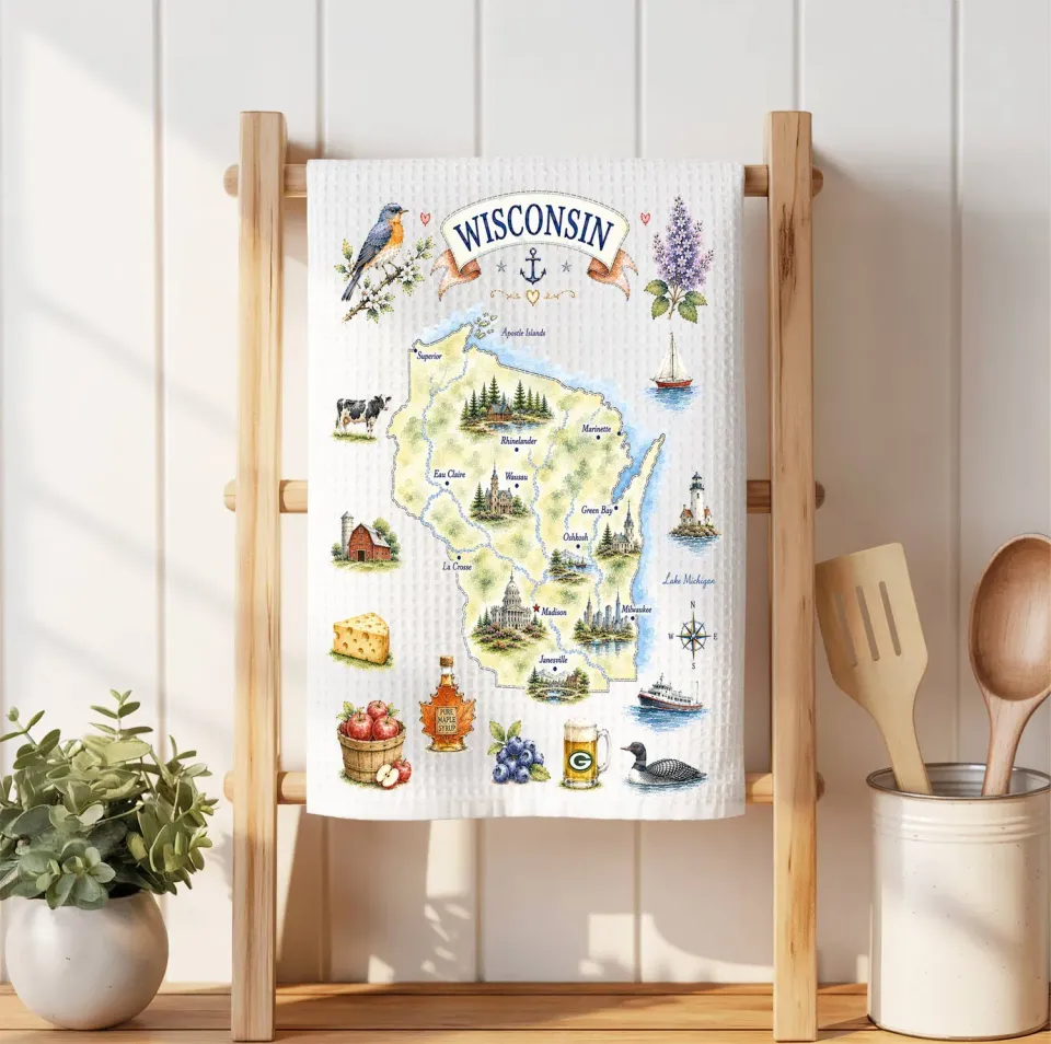 Avery Lane Gifts Wisconsin State Map viskestykke vaffel mikrofiber