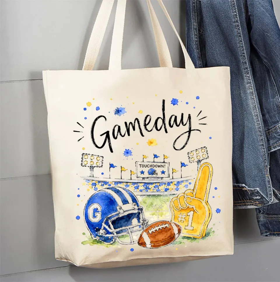Avery Lane Gifts Gameday Football Royal Blue Gold mulepose bomuld