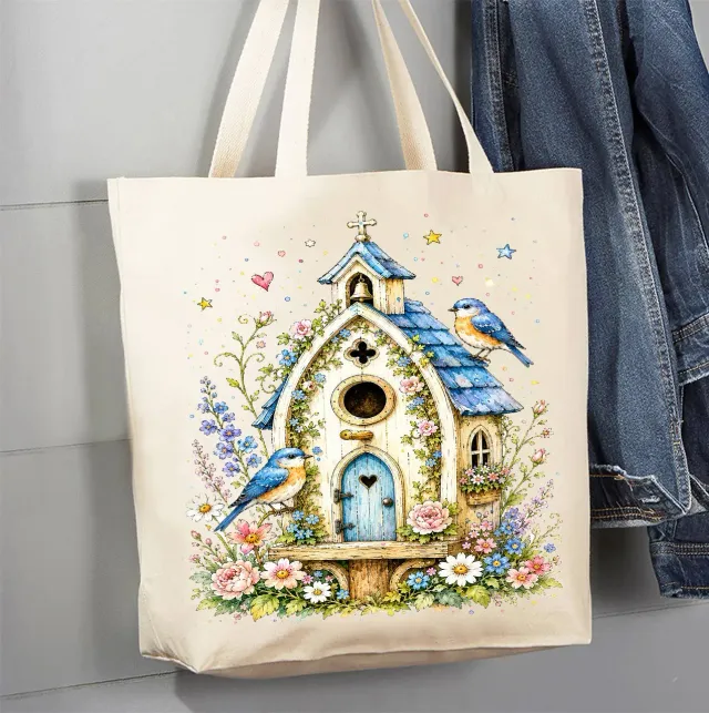Avery Lane Gifts Watercolor Birdhouse Blue Flowers mulepose bomuld