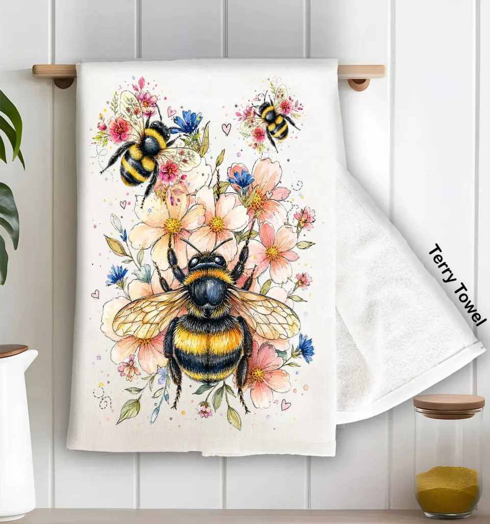 Avery Lane Gifts Watercolor Bees Flowers viskestykke bomuld