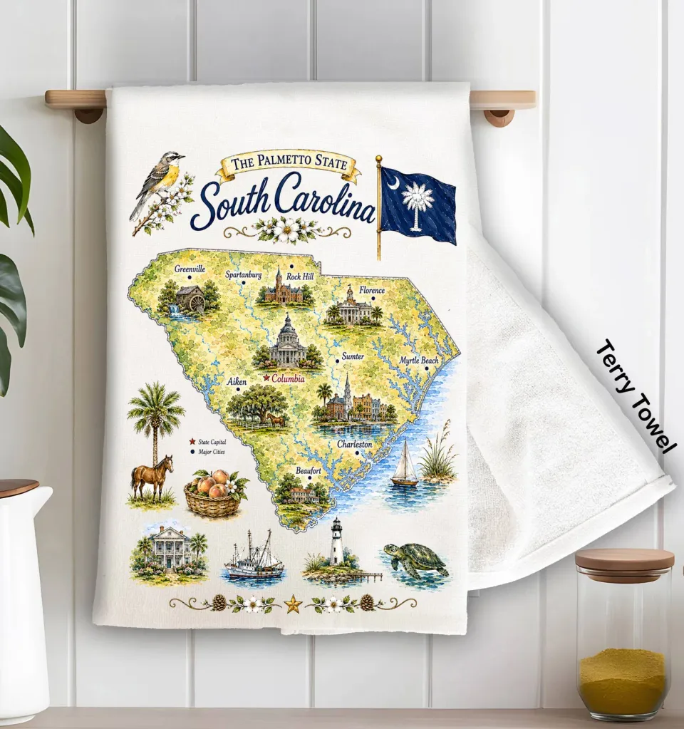 Avery Lane Gifts South Carolina State Map viskestykke bomuld