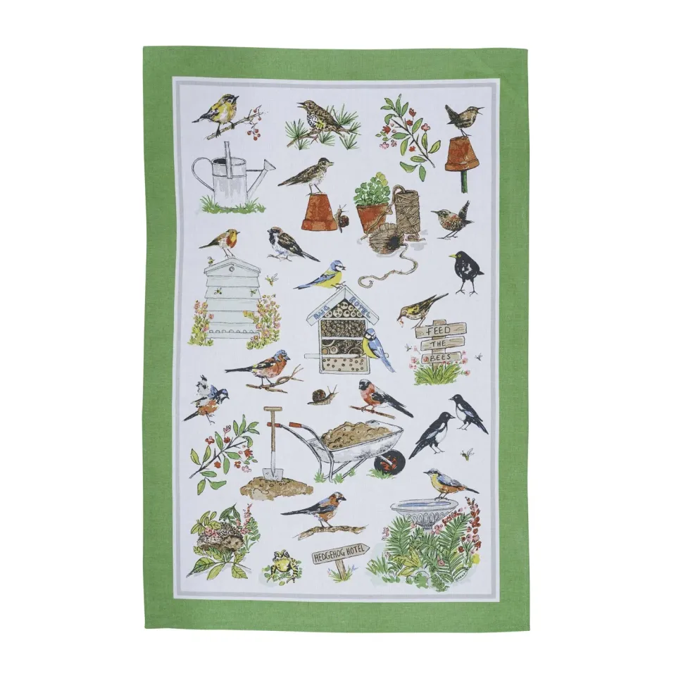 Ulster Weavers Garden Birds viskestykke grøn bomuld fugl