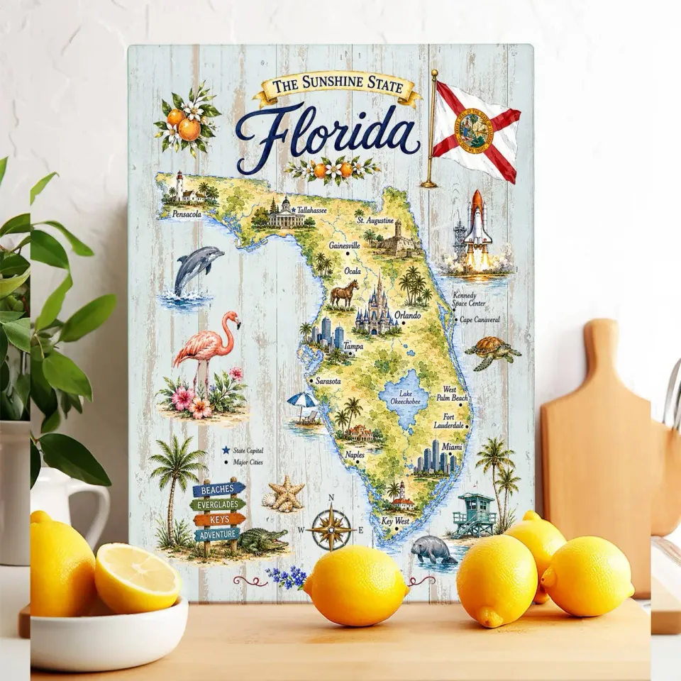 Avery Lane Florida State Map Landmark skærebræt glas 28x38 cm