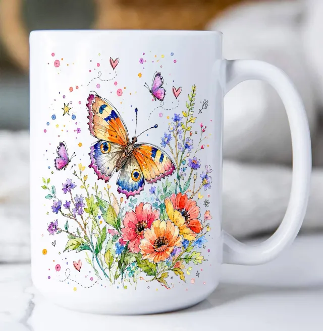 Avery Lane Gifts Whimsical Butterflies Flowers krus 44 cl hvid keramik