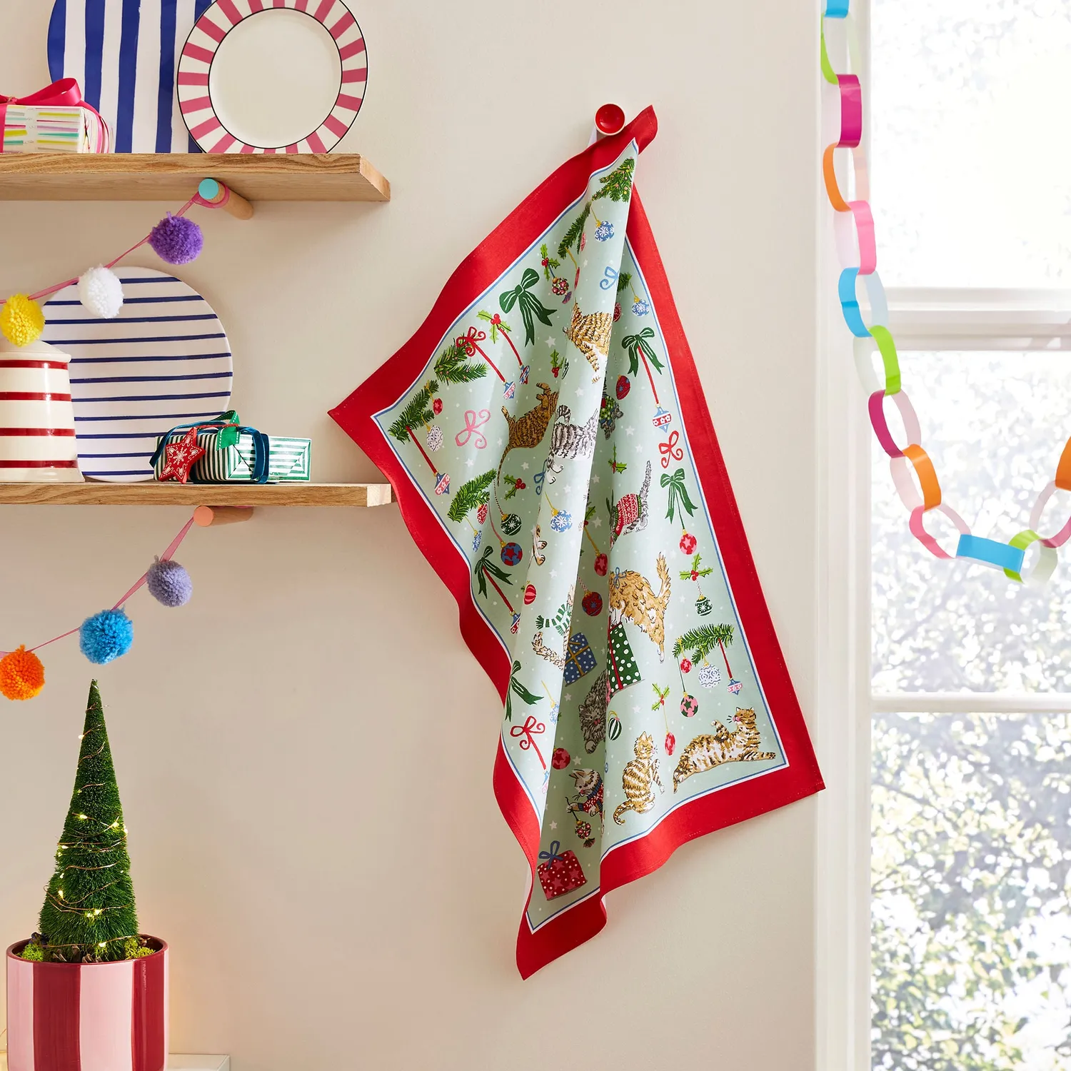 Ulster Weavers Christmas Cats viskestykke seafoam bomuld