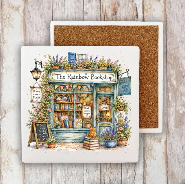 Avery Lane Gifts Whimsical Bookstore Bookshop coaster hvid sten