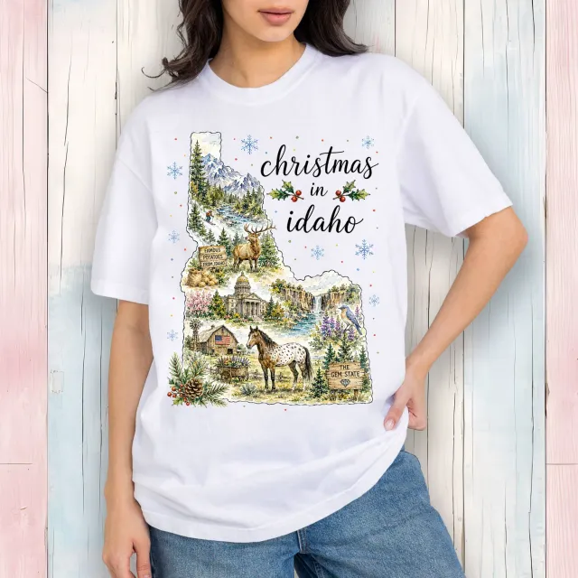 Avery Lane Gifts Christmas in Idaho State Map T-shirt hvid bomuld
