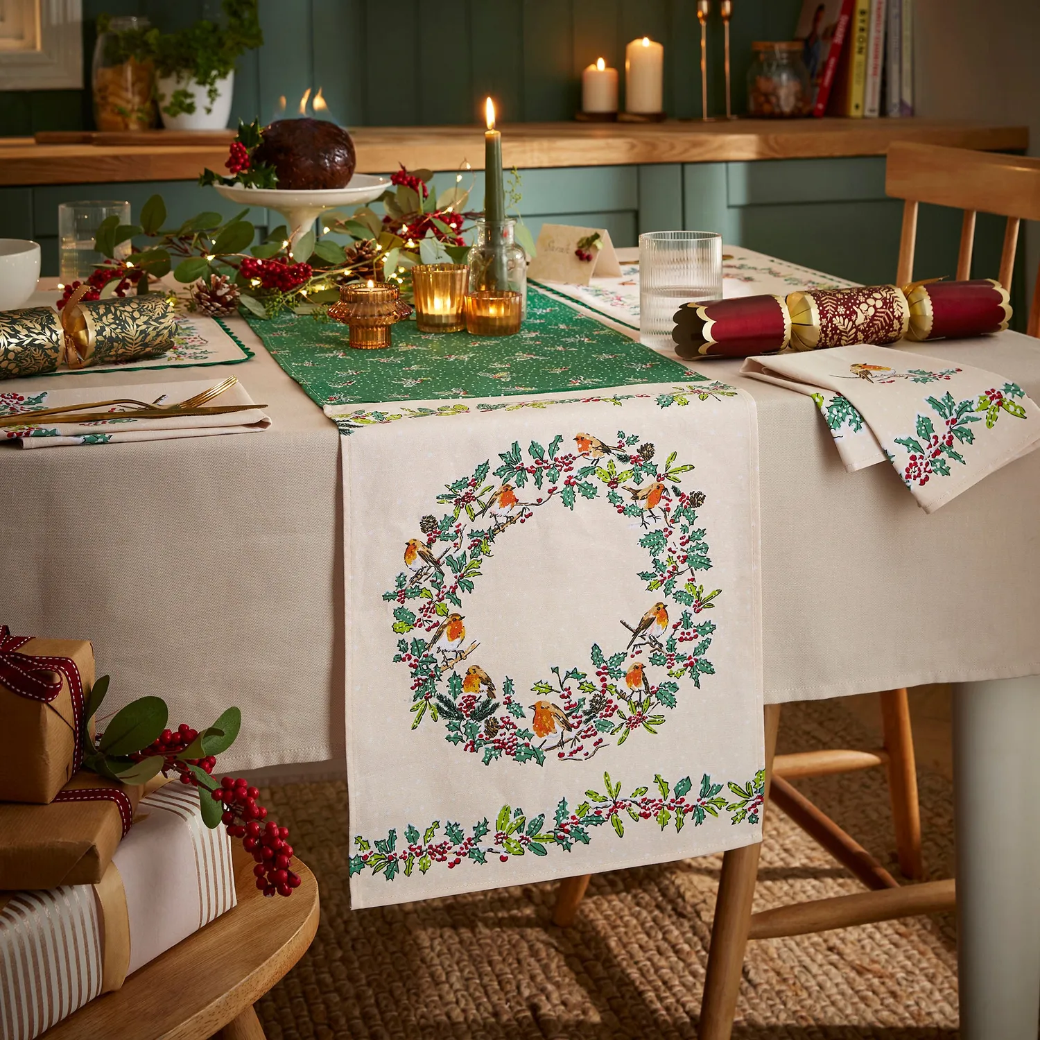 Ulster Weavers Christmas Robins bordløber grøn bomuld jul