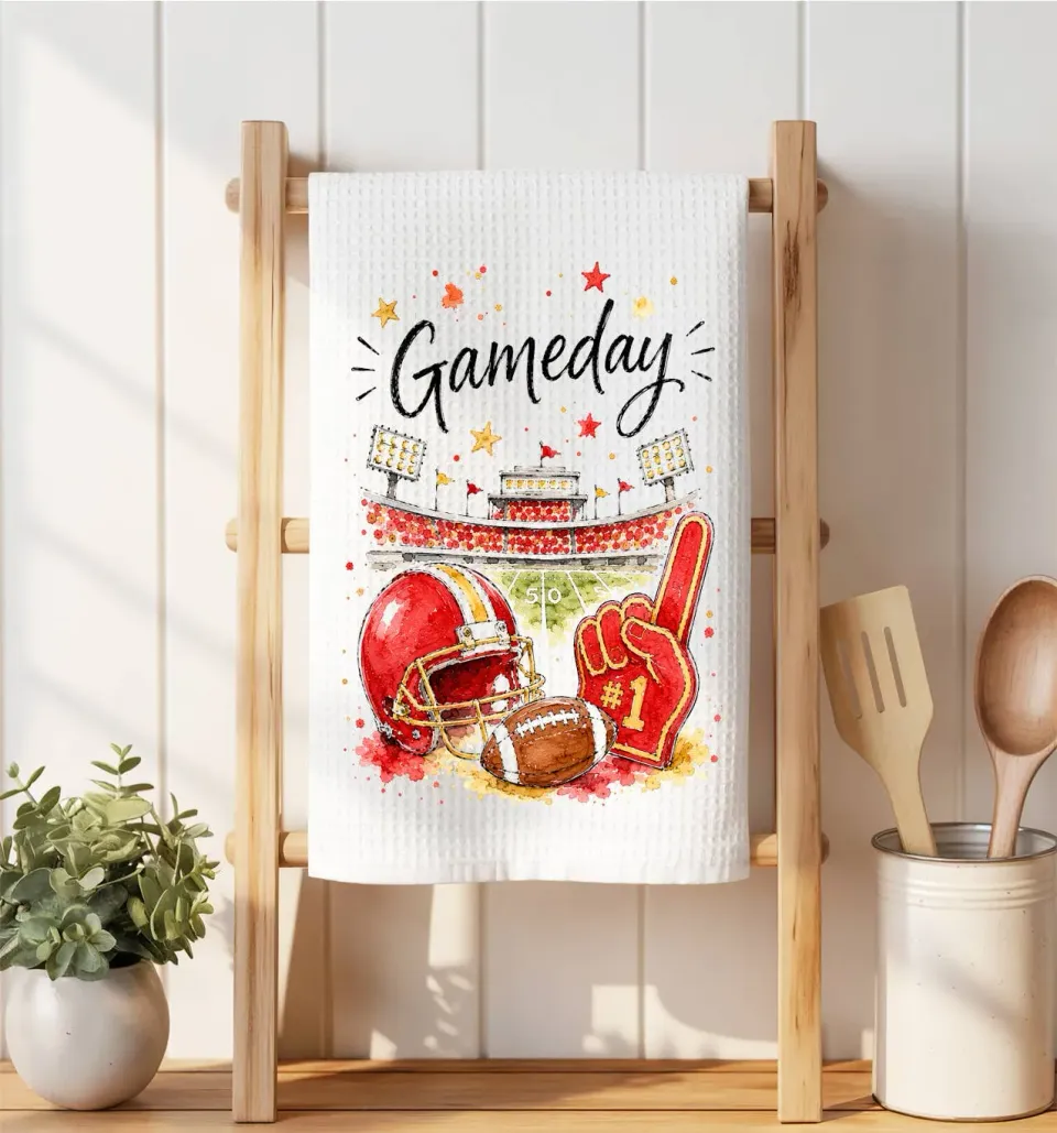 Avery Lane Gifts Gameday Football håndklæde guld rød vaffelvæv