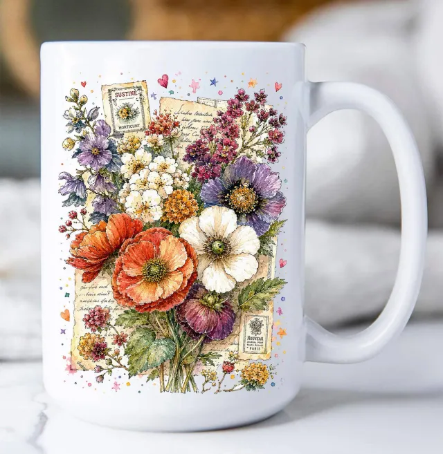Avery Lane Gifts Vintage Watercolor Flowers krus 15 oz hvid