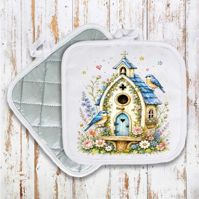 Avery Lane Gifts Watercolor Birdhouse Blue Flowers grydelap bomuld 20x20 cm