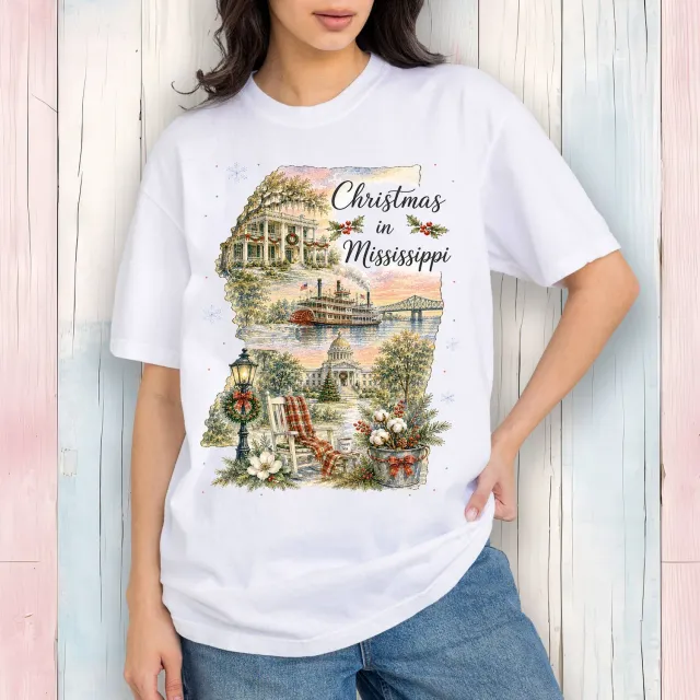 Avery Lane Gifts Christmas Mississippi State Map T-shirt hvid bomuld