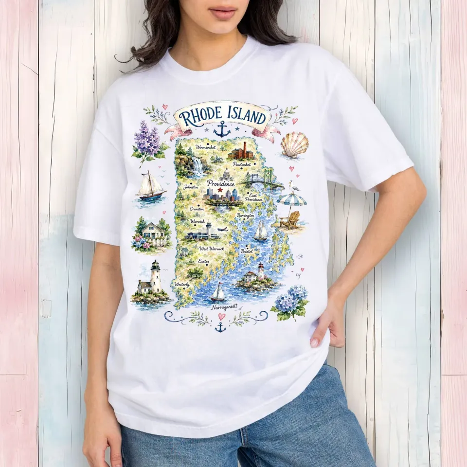 Avery Lane Gifts Rhode Island Map T-shirt hvid bomuld