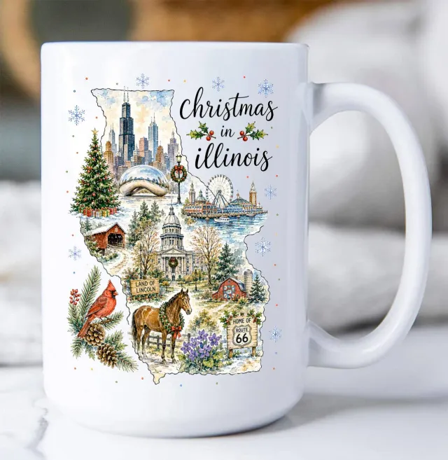Avery Lane Gifts Christmas in Illinois krus 15 oz hvid jul