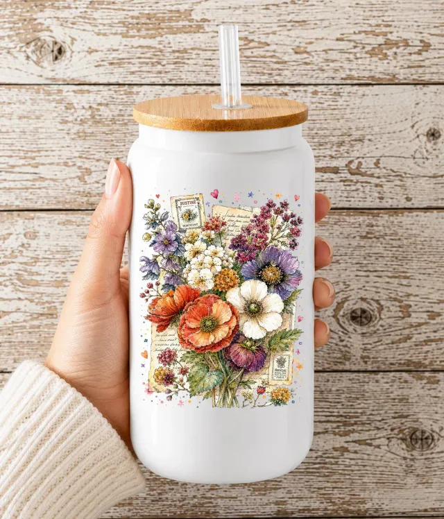 Avery Lane Gifts Vintage Flowers glas 473 ml bambuslåg