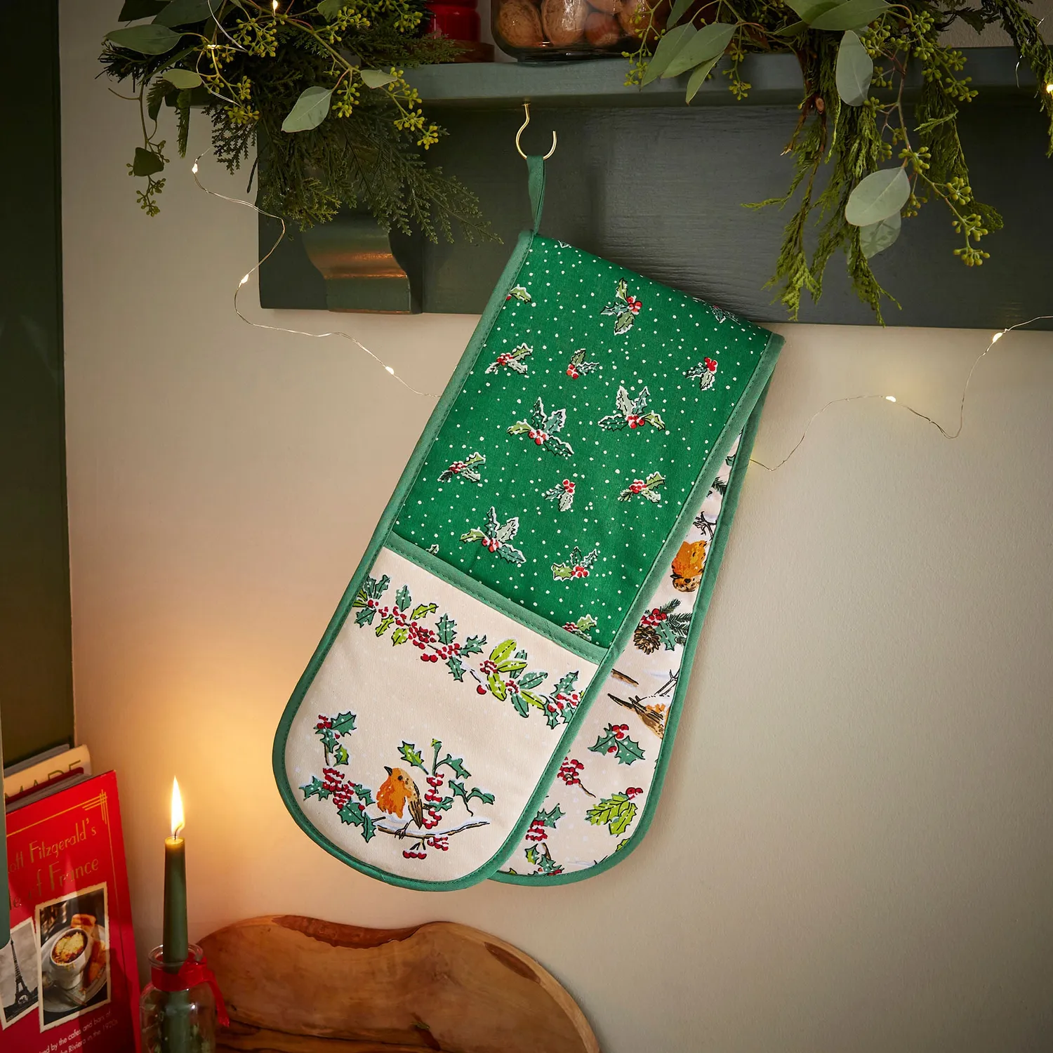 Ulster Weavers Christmas Robins dobbelt ovnhandske grøn bomuld