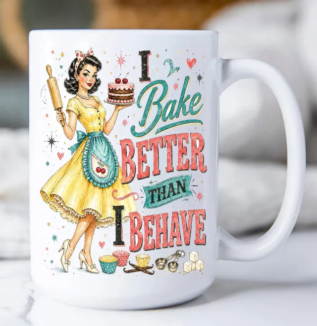 Avery Lane Gifts Funny I Bake Better than I Behave krus 15 oz hvid