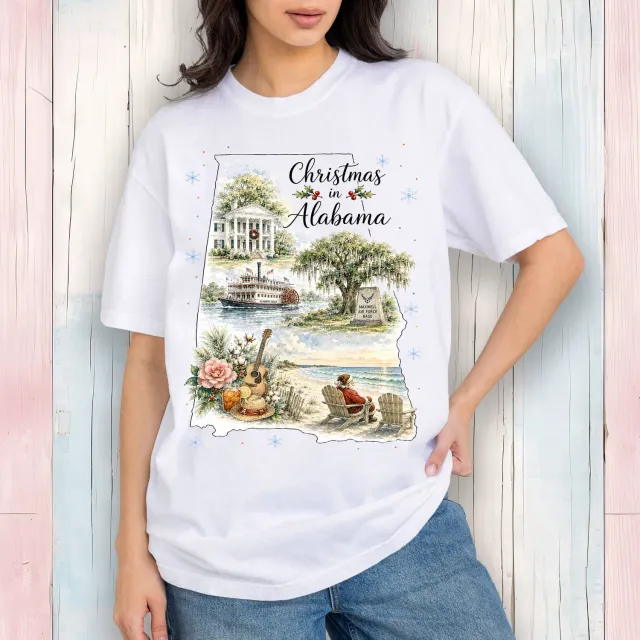 Avery Lane Gifts Christmas in Alabama State Map t-shirt hvid