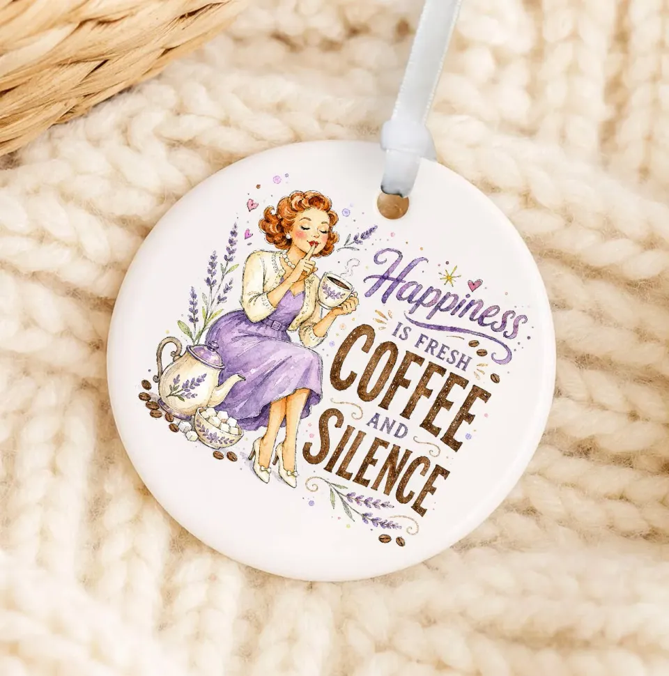 Avery Lane Housewives Happiness is Coffee and Silence julepynt porcelæn