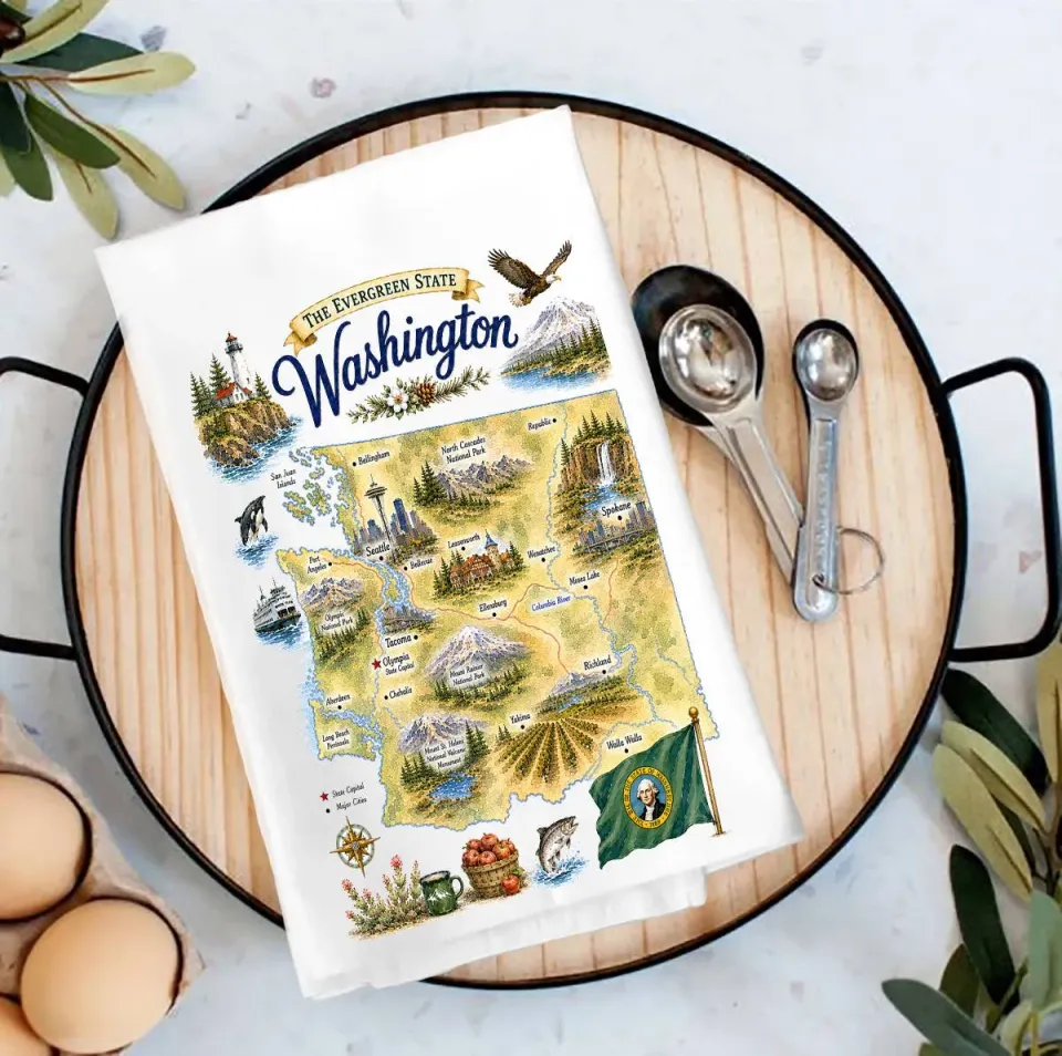 Avery Lane Gifts Washington State Map Landmark viskestykke bomuld