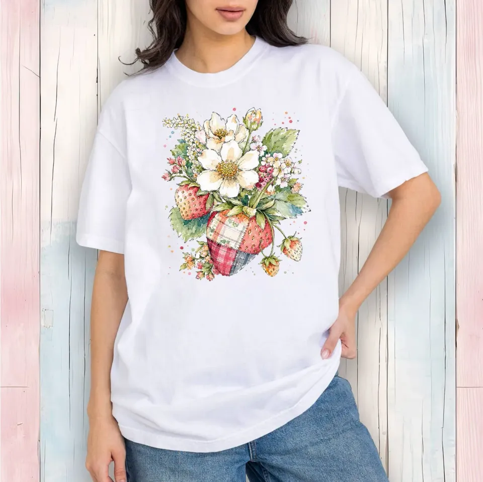 Avery Lane Gifts Watercolor Strawberry T-shirt hvid bomuld